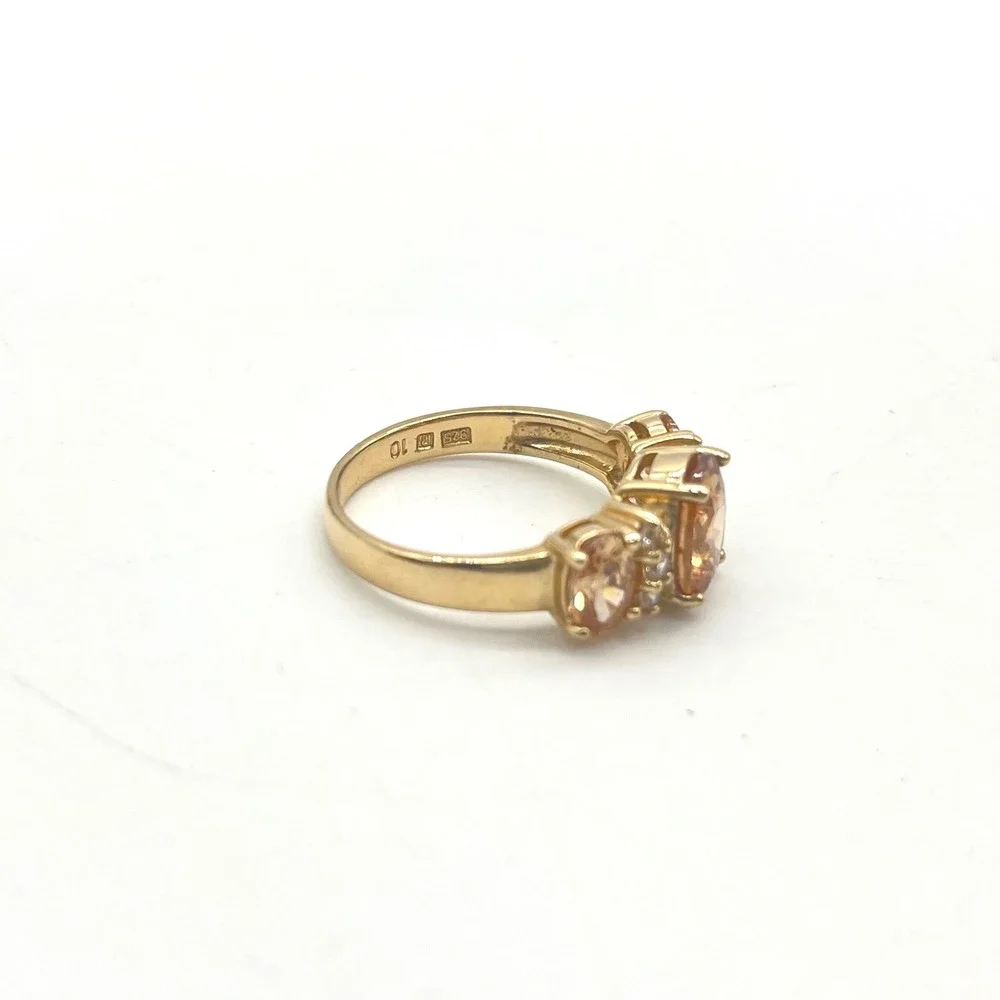 925 Gold Over Sterling Silver Three Stone Champagne Oval Cut Ring Size 10